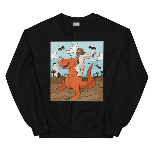 Jesus Riding T-Rex UFOs Adult Sweatshirt