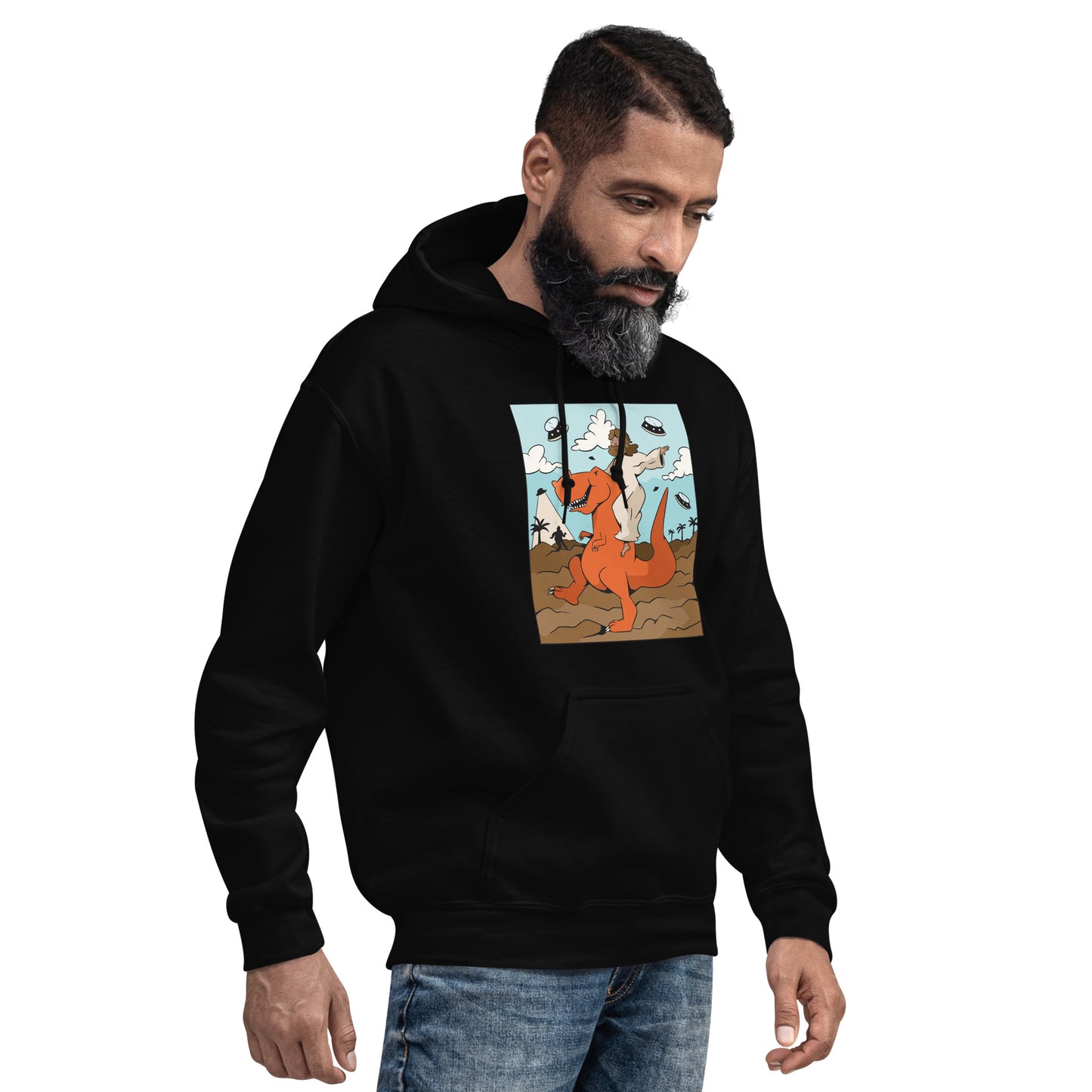 Jesus Riding T-Rex UFOs Adult Hoodie