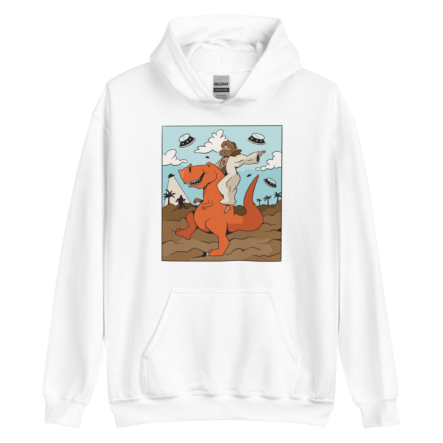 Jesus Riding T-Rex UFOs Adult Hoodie