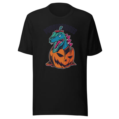 Adult Dinosaur in a Pumpkin T-Shirt