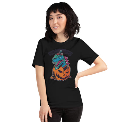 Adult Dinosaur in a Pumpkin T-Shirt