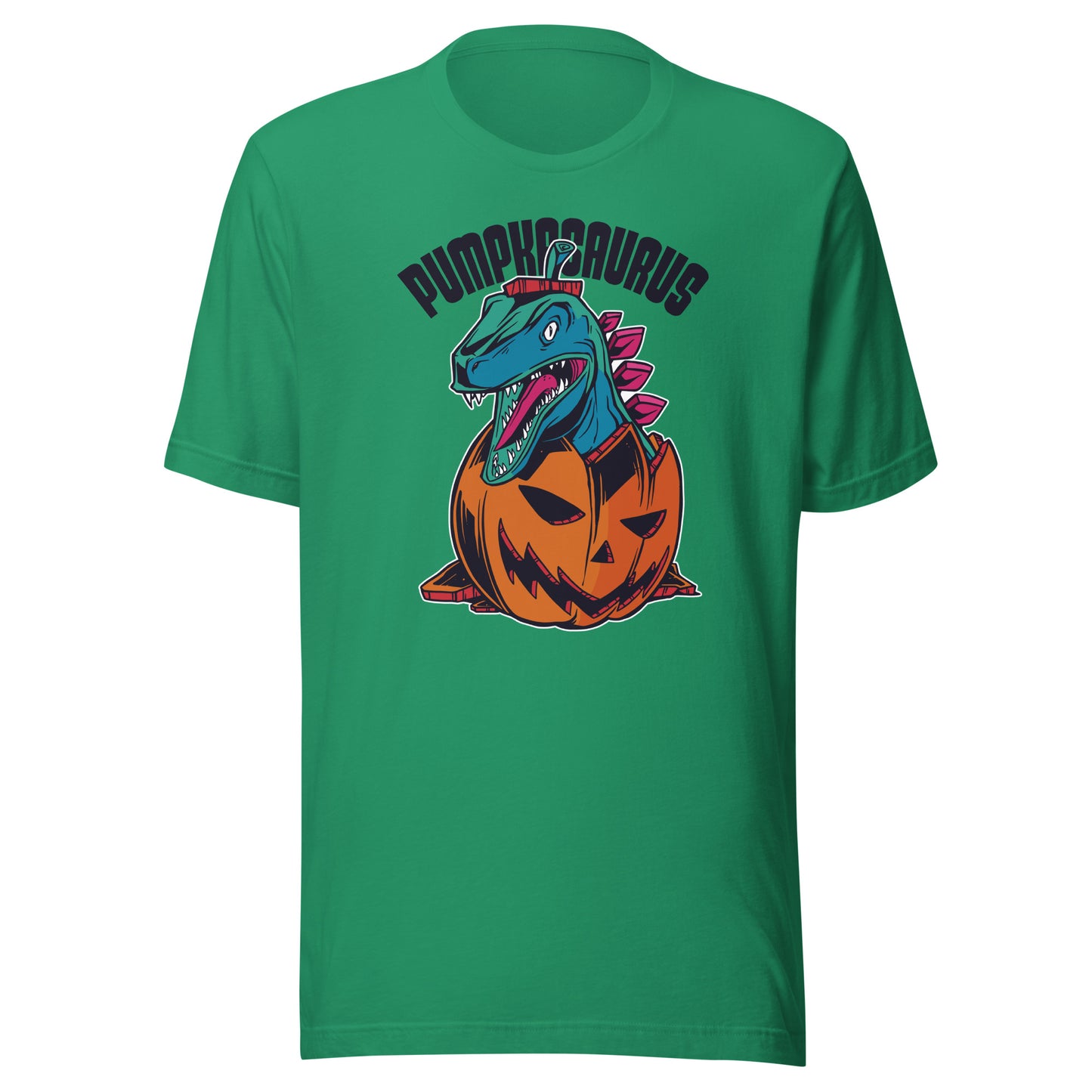 Adult Dinosaur in a Pumpkin T-Shirt