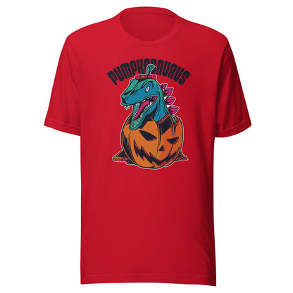 Adult Dinosaur in a Pumpkin T-Shirt