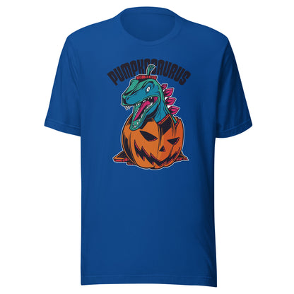 Adult Dinosaur in a Pumpkin T-Shirt